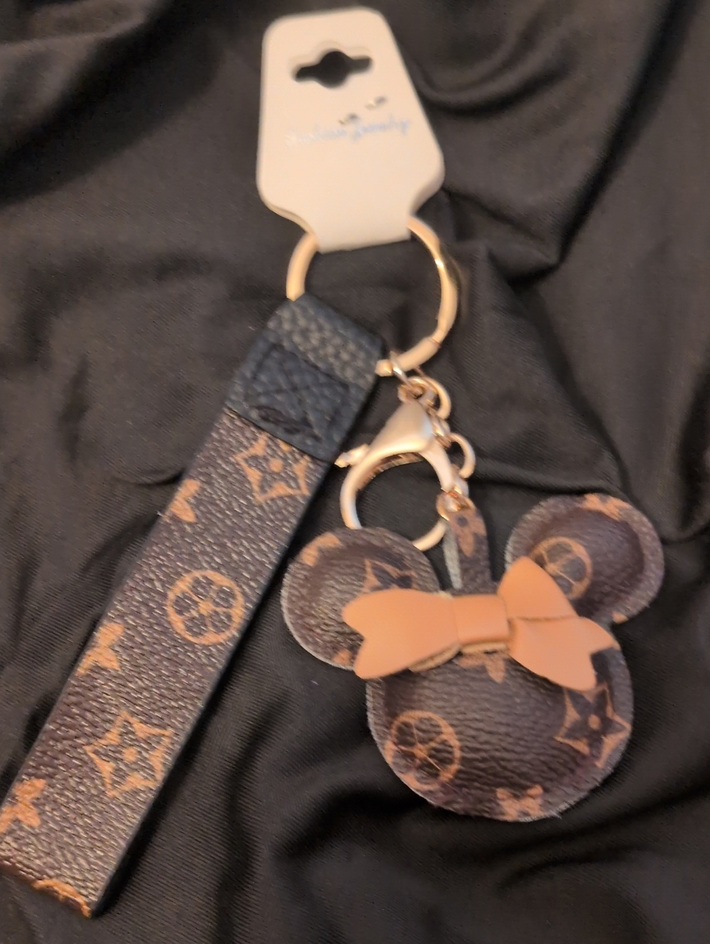 Fashion Jewelry Brown Monogram Mouse Keychain with Tan Bow